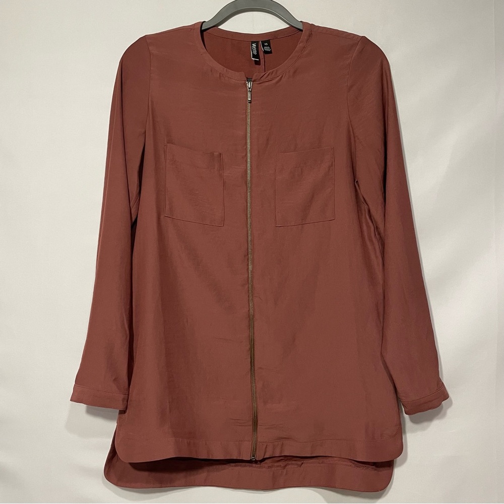 Valette Front Zip Tunic top Womens XS Brown Long Sleeve High Low‎ Round neck